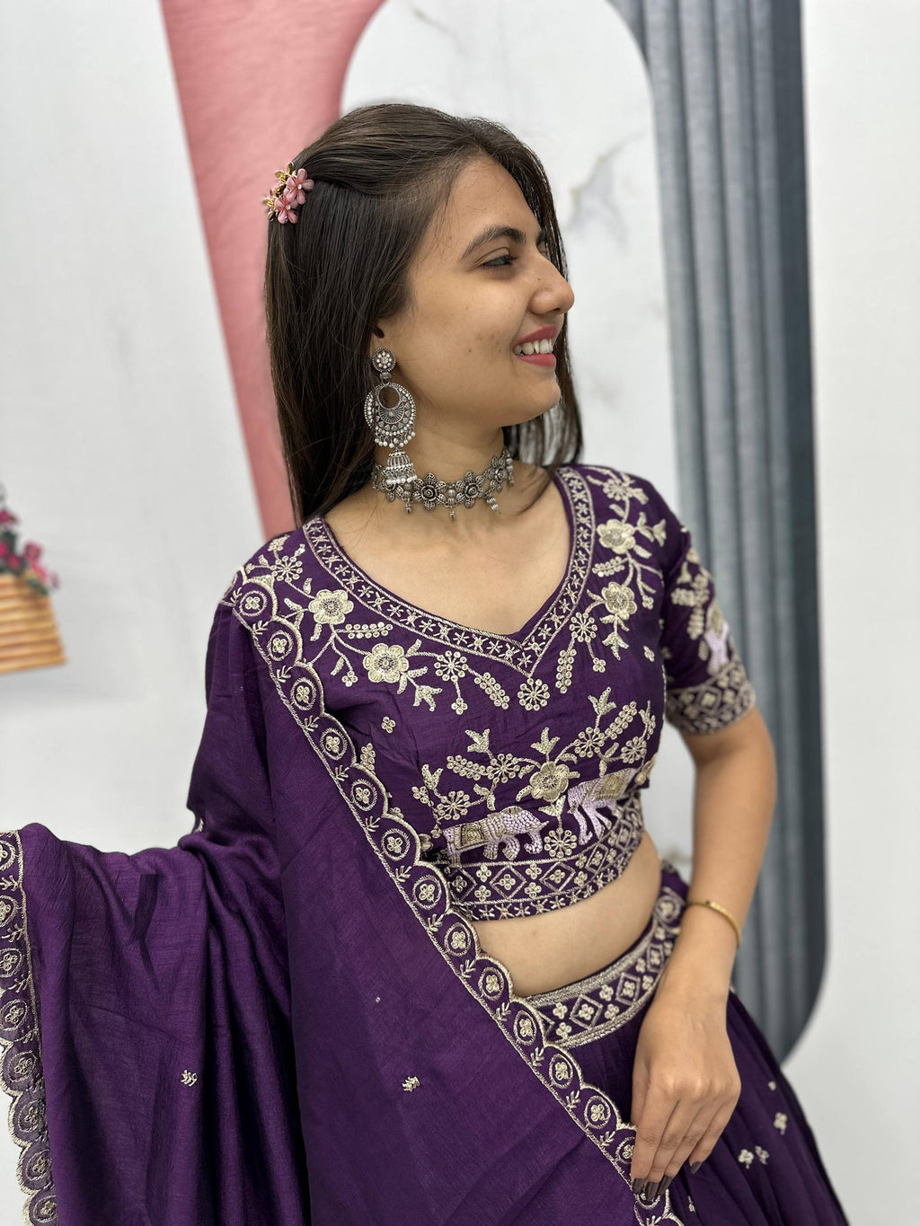 Gopi deep purple Vichitra silk lehenga choli with embroidery sequins thread work
