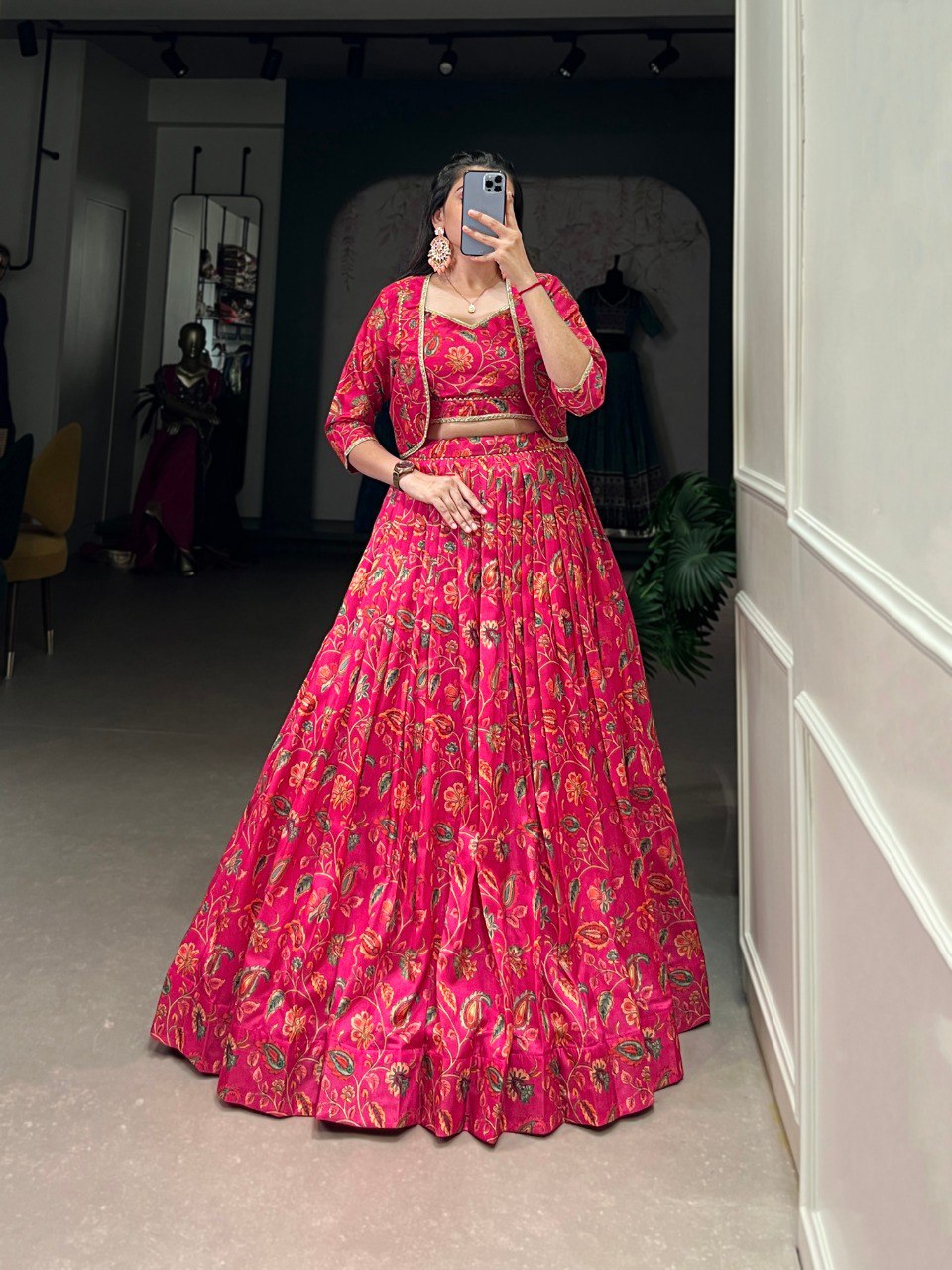 Pink Tasar silk floral print lehenga with blouse and koti