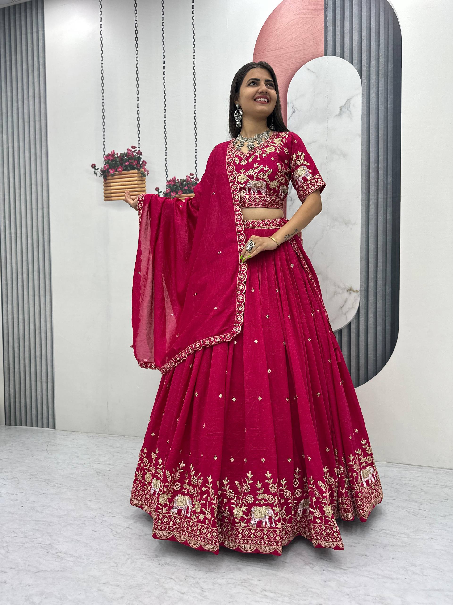 Gopi pink Vichitra silk lehenga choli with embroidery sequins thread work