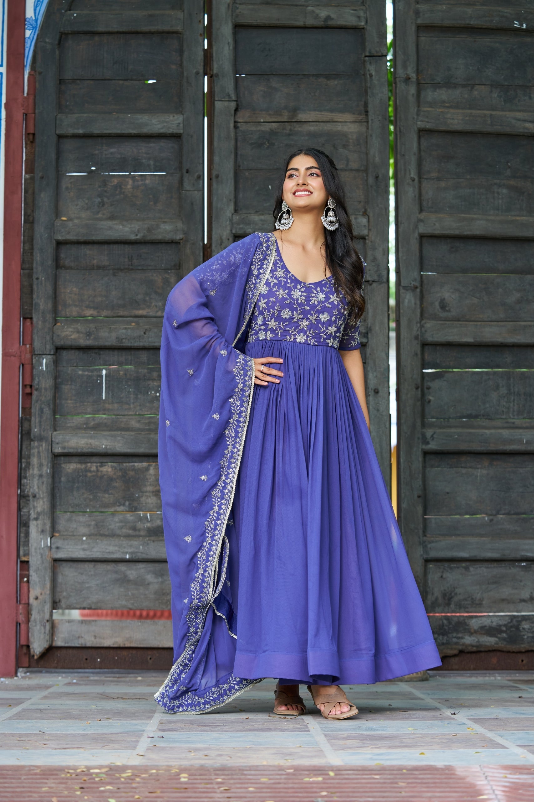 Rahi lavender faux blooming gown with sequins beads embroidery and dupatta