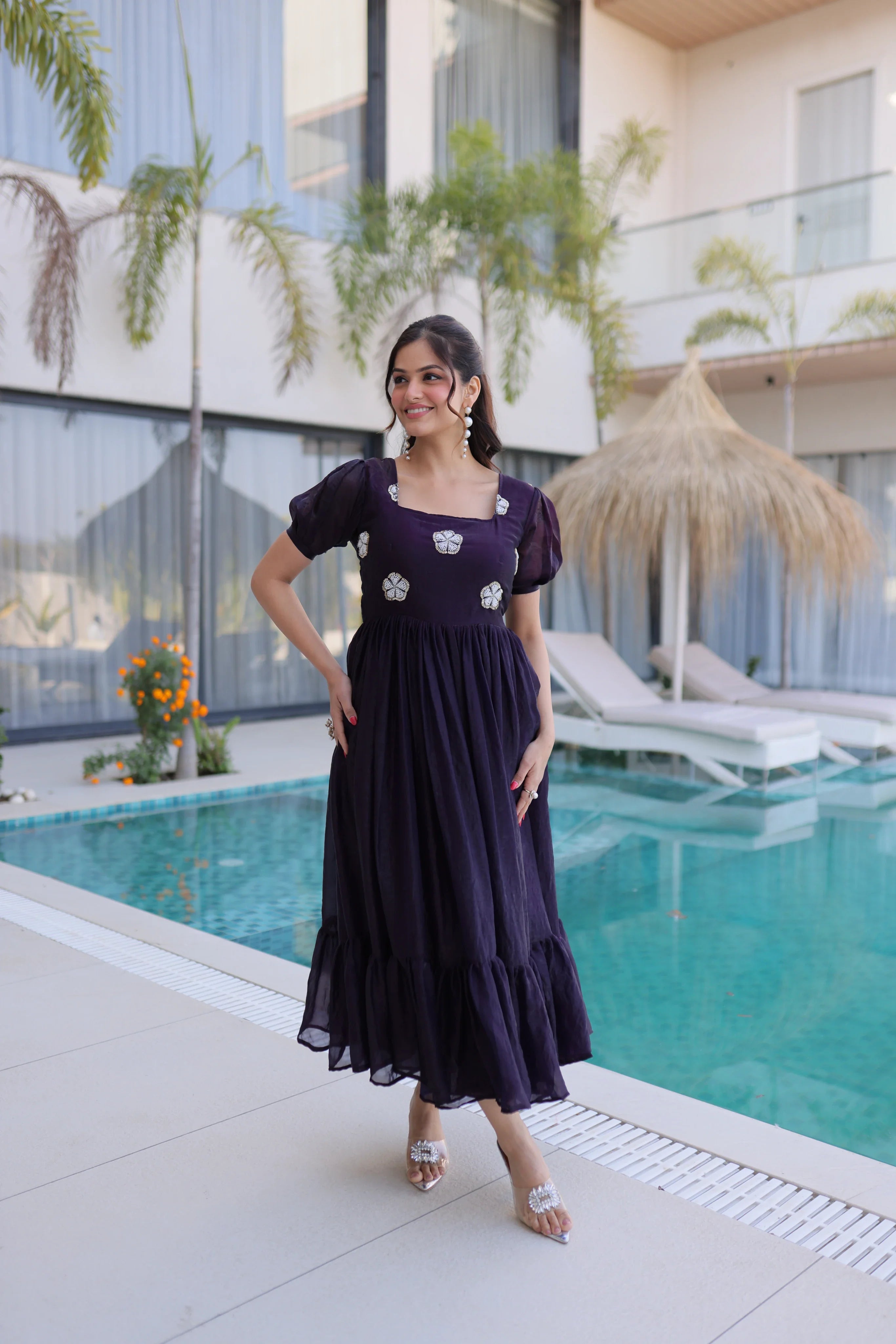 Sruvika purple Fendi silk gown with beads embroidered work