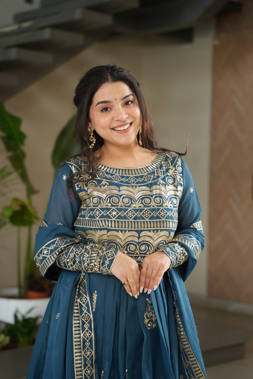 Teal blue chinnon embroidered gown with sequins work and dupatta