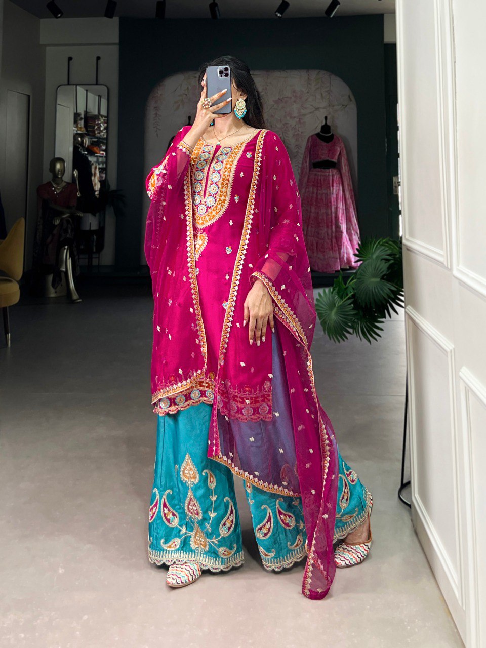 Anuttara pink embroidered silk kurti sharara set