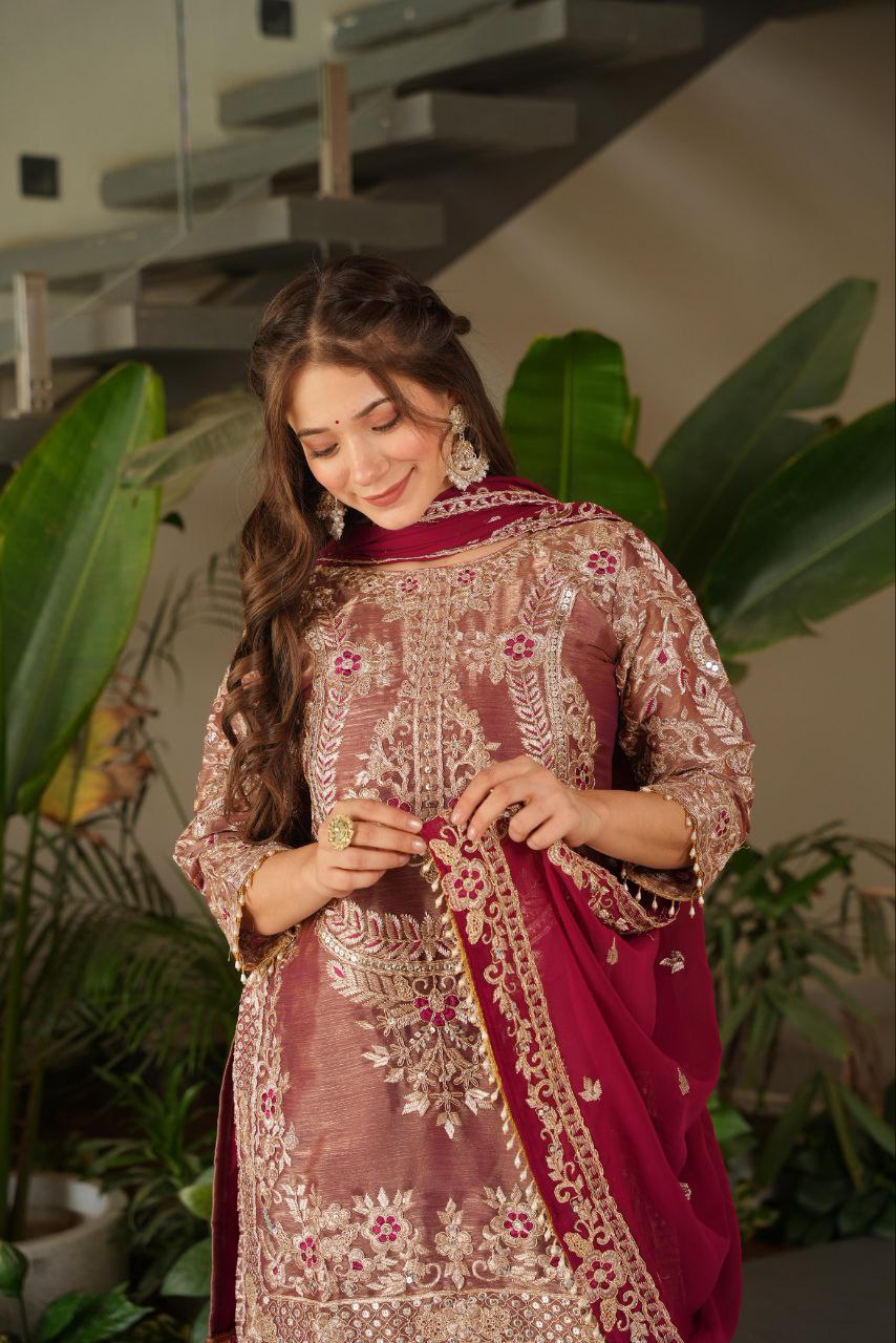 Maroon crazy silk embroidered kurti palazzo set with dupatta