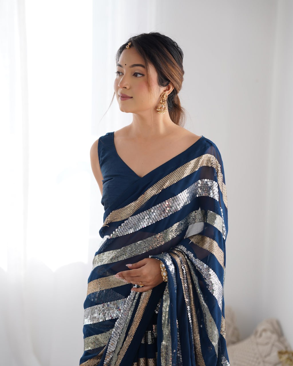 Navy blue georgette sequin embroidered Kira designer saree