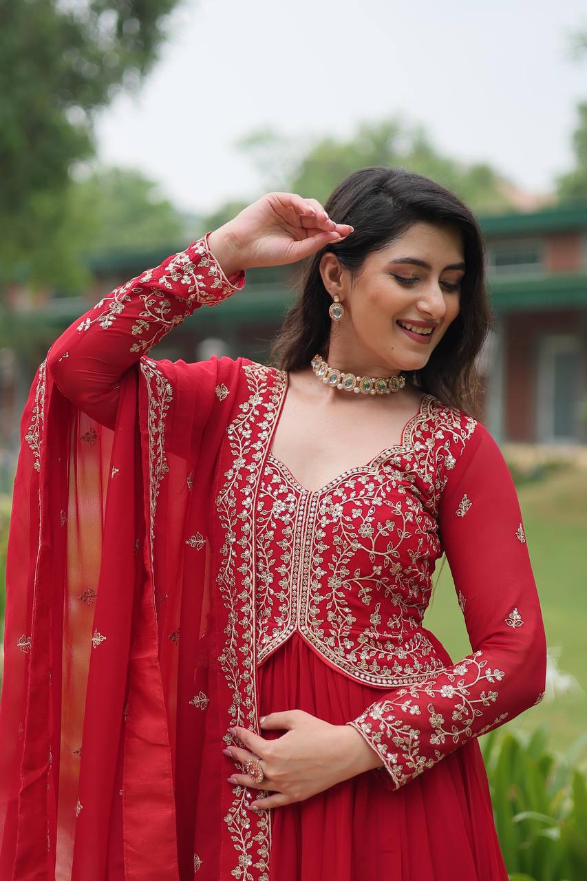 Red georgette embroidered Parthavi designer Anarkali gown