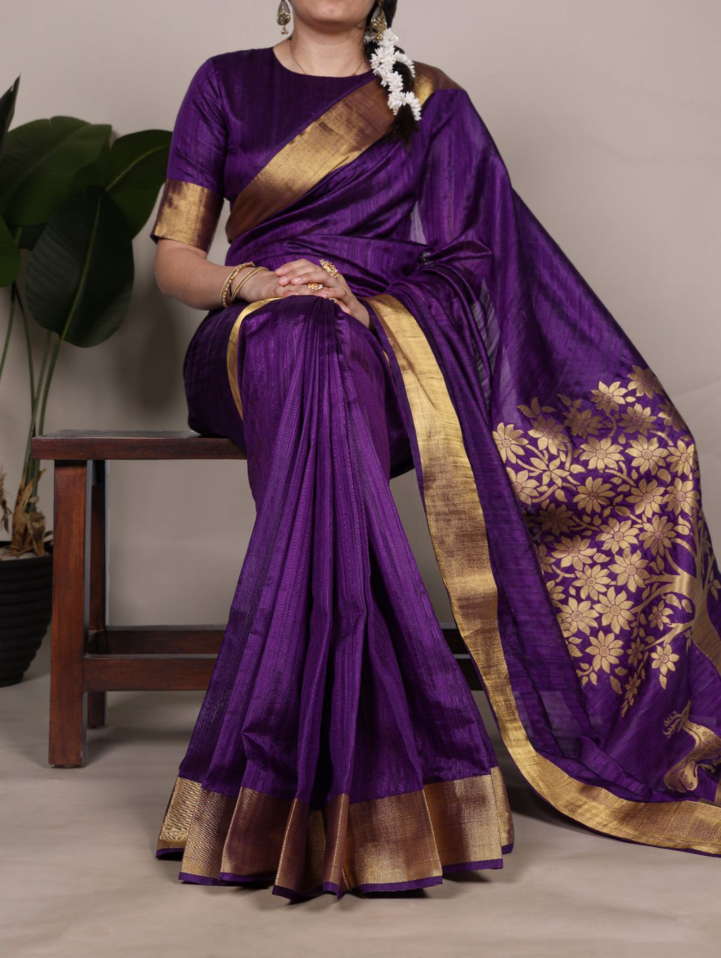 Purple raw silk zari weaving saree with unstitched blouse
