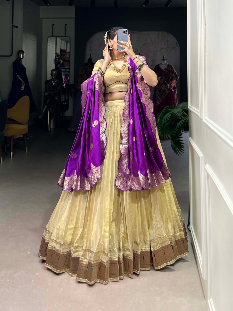 Cream silk lehenga choli with Paithani lace border and jacquard zari dupatta