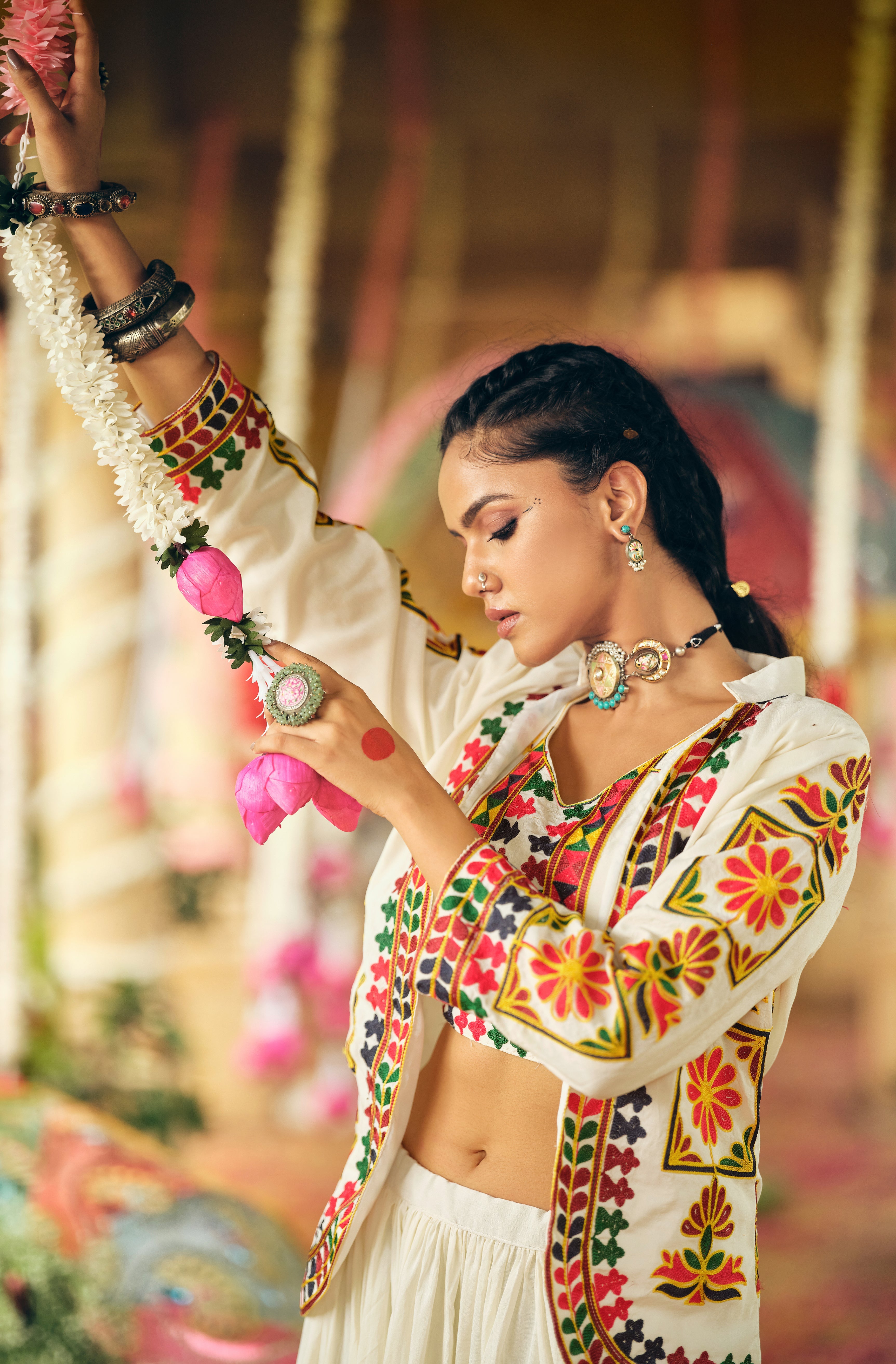 Off-white pure cotton embroidery work lehenga choli with koti