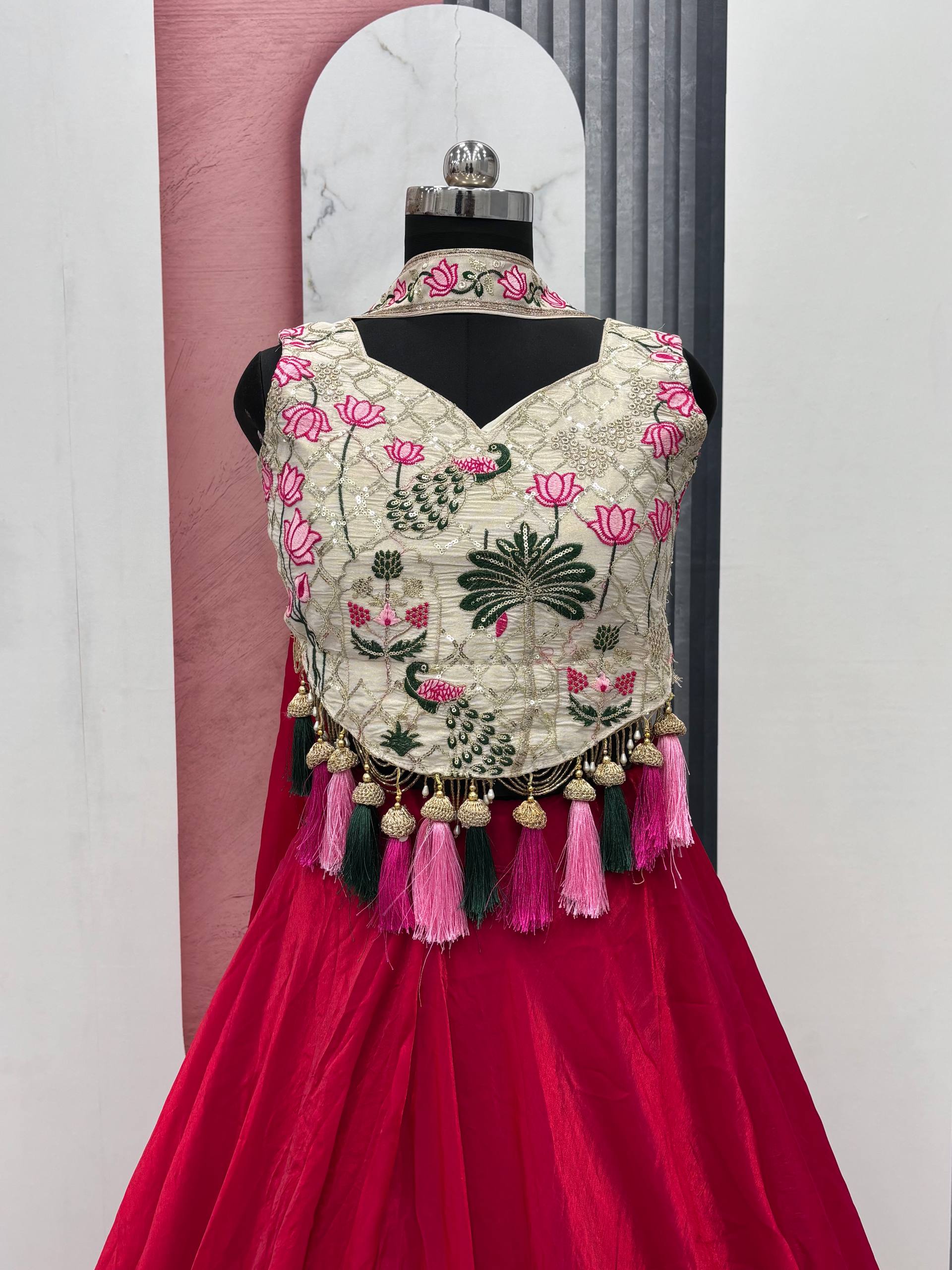 Tanu pink tissue silk lehenga choli with sequins thread work and dupatta