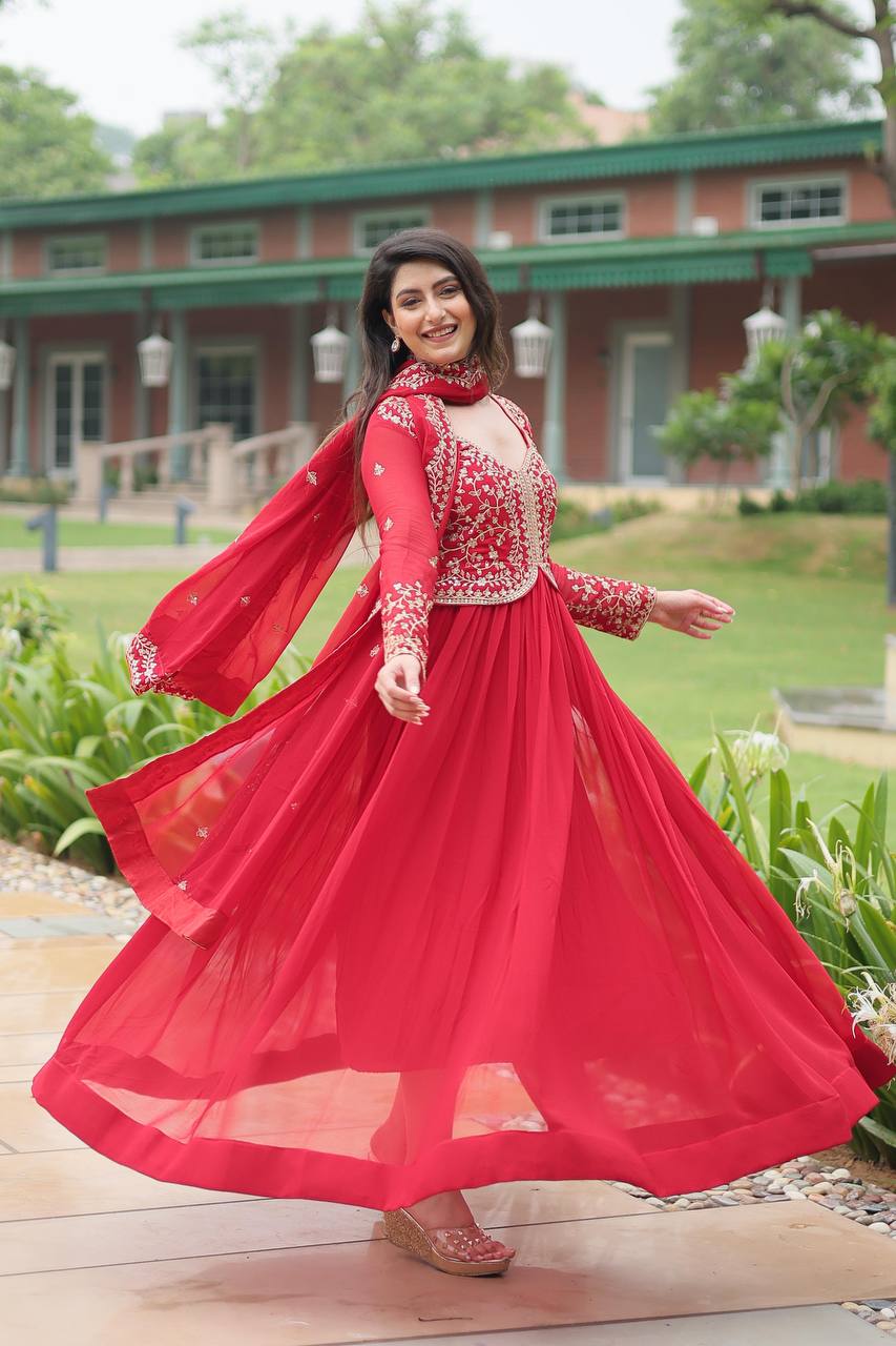 Red georgette embroidered Parthavi designer Anarkali gown