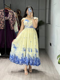 Pale yellow weightless floral print double frills gown