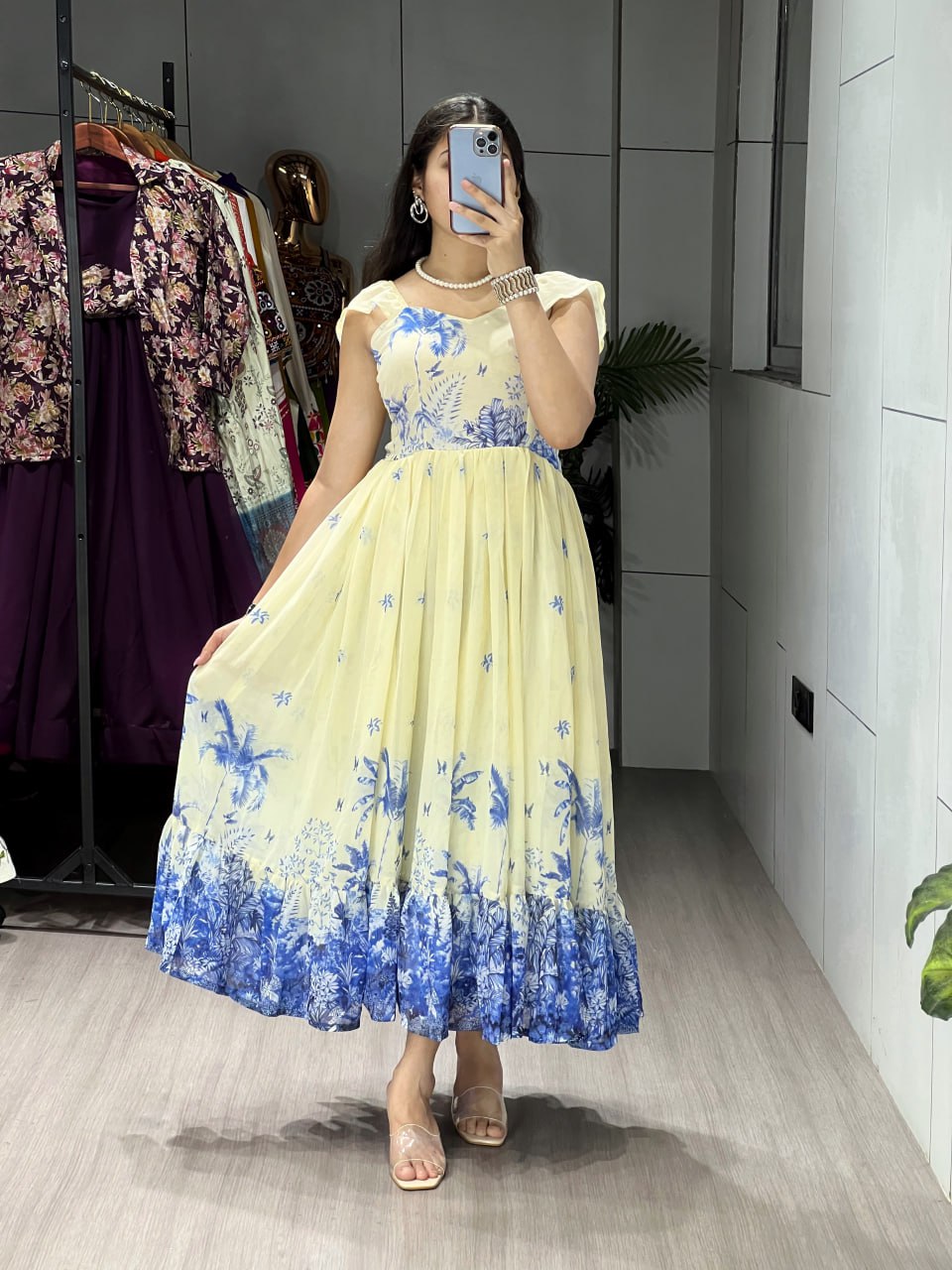 Pale yellow weightless floral print double frills gown