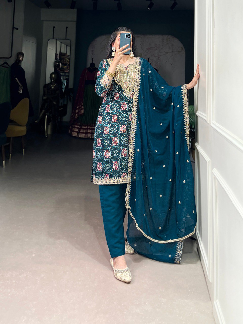 Teal blue rayon kurti set with embroidered organza dupatta