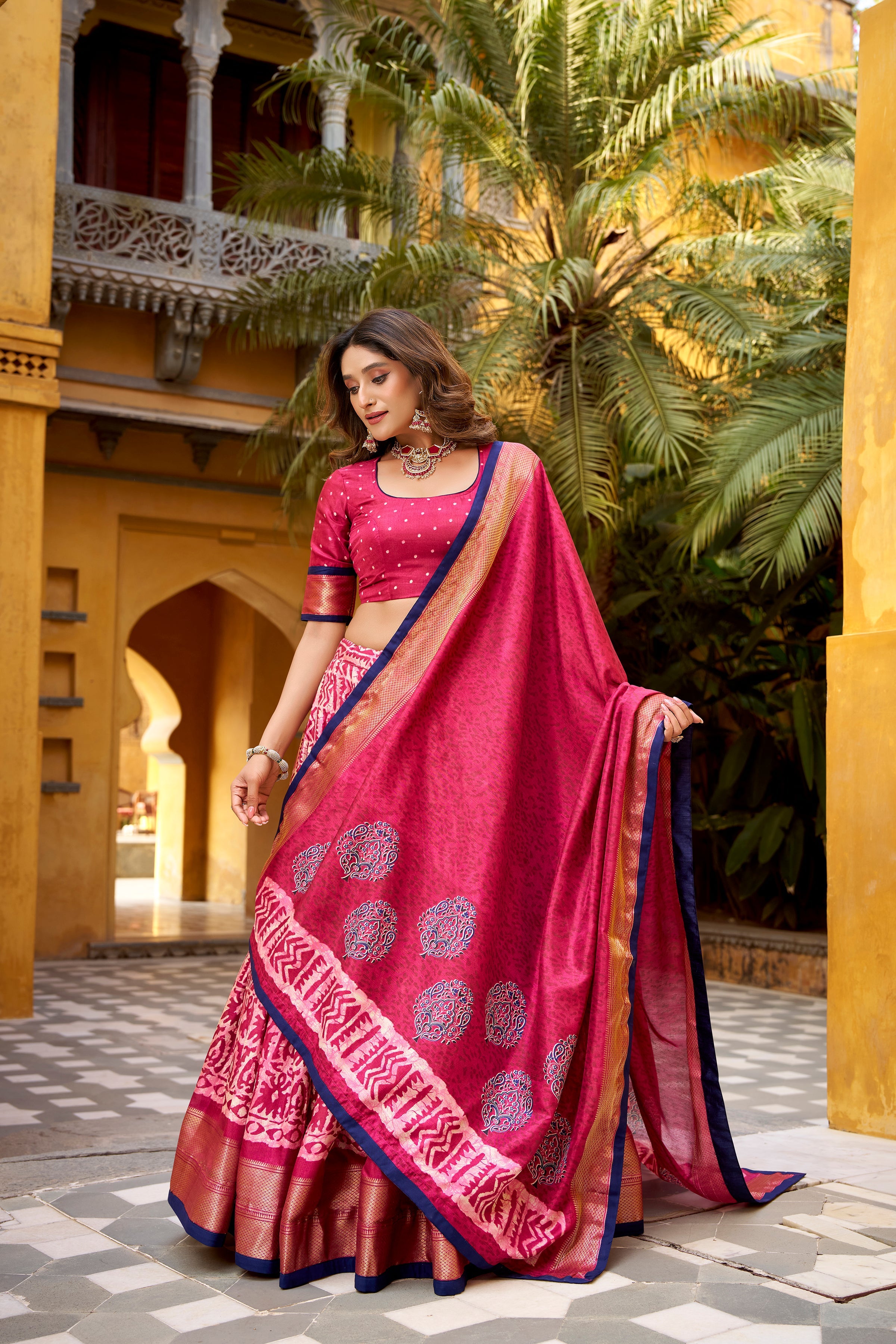 Girija pink Dola silk batik print lehenga choli with zari weaving work
