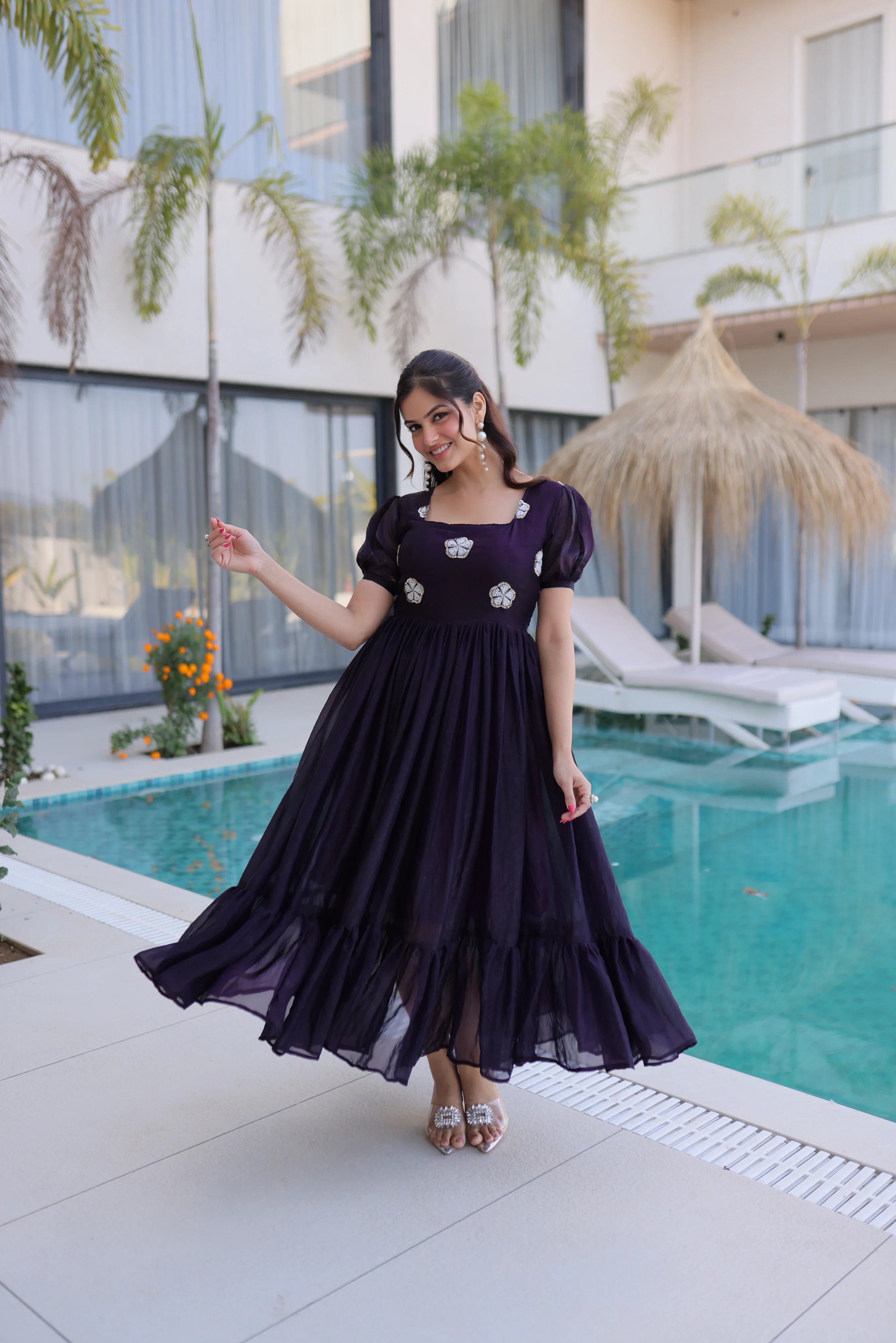 Sruvika purple Fendi silk gown with beads embroidered work