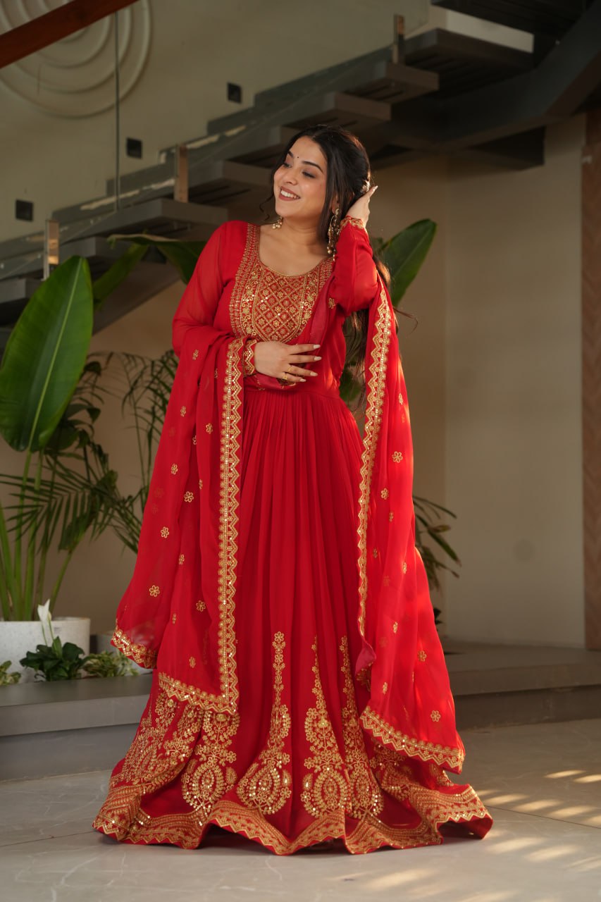 Red party wear gown with dupatta, Indian wedding dress, embroidered gown for women, full sleeve gown design—Trinaari stitched ethnic outfit.