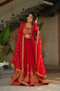 Red party wear gown with dupatta, Indian wedding dress, embroidered gown for women, full sleeve gown design—Trinaari stitched ethnic outfit.