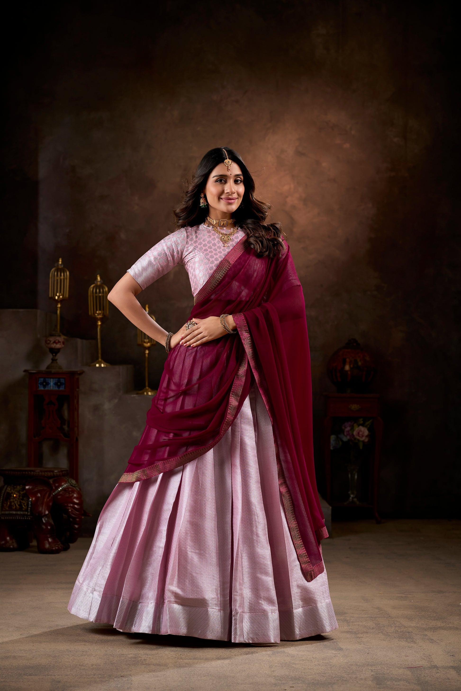 Pink jacquard silk weaving work lehenga choli with dupatta and lace border