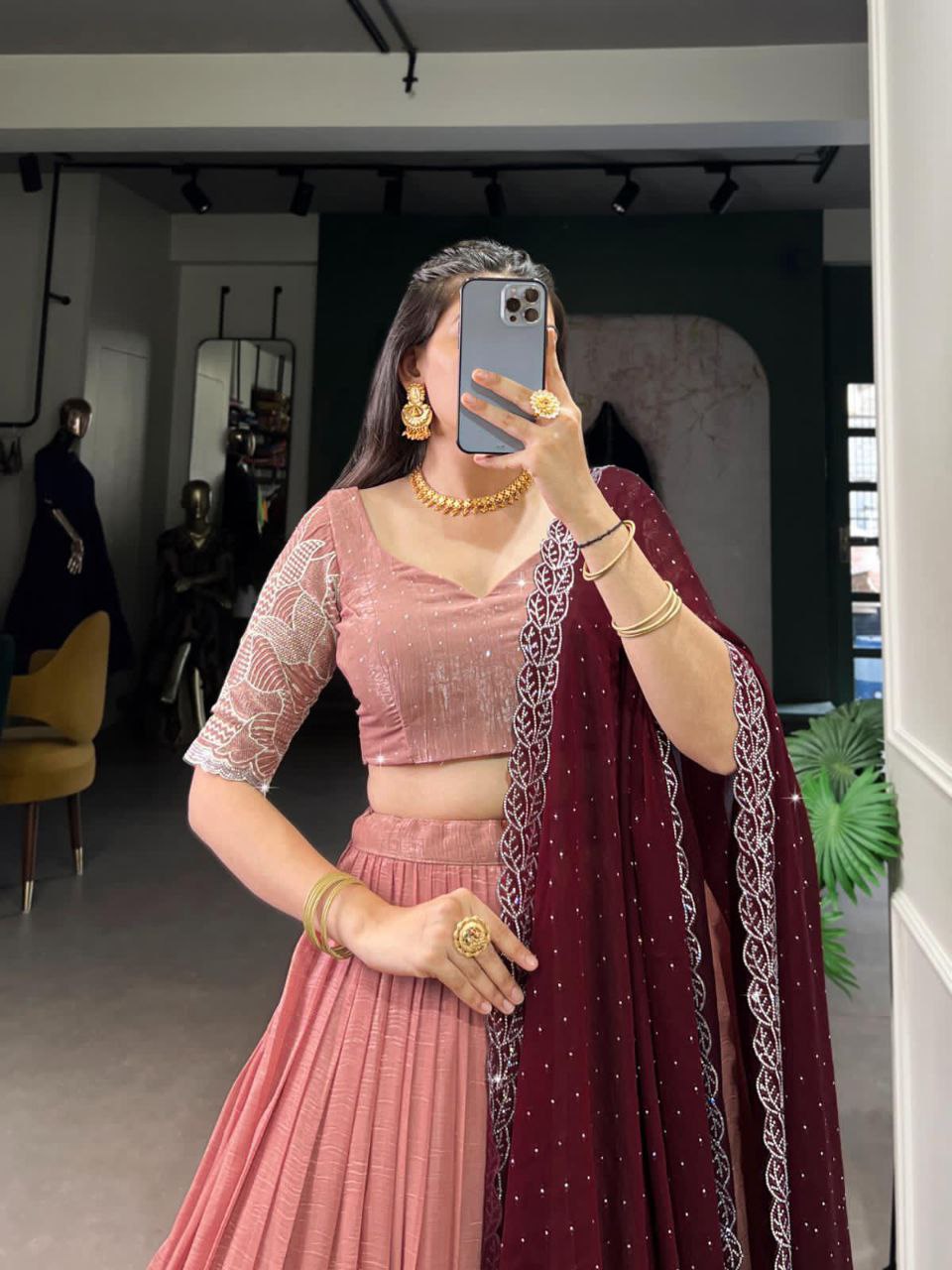 Peach silver hotfix embroidered lehenga choli for wedding functions