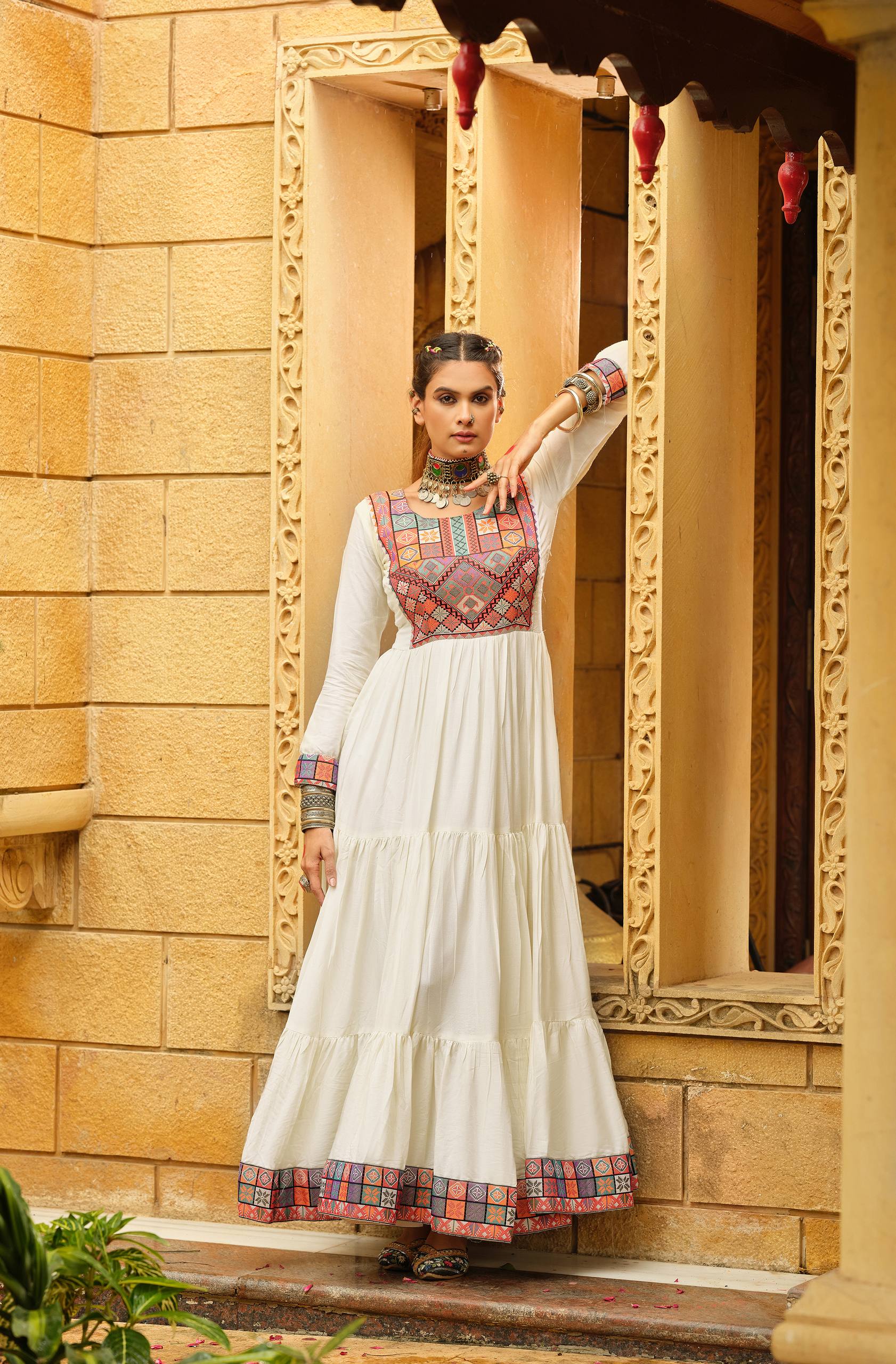 Off-white pure rayon Gamthi jacquard weaving lace border ruffle flair gown