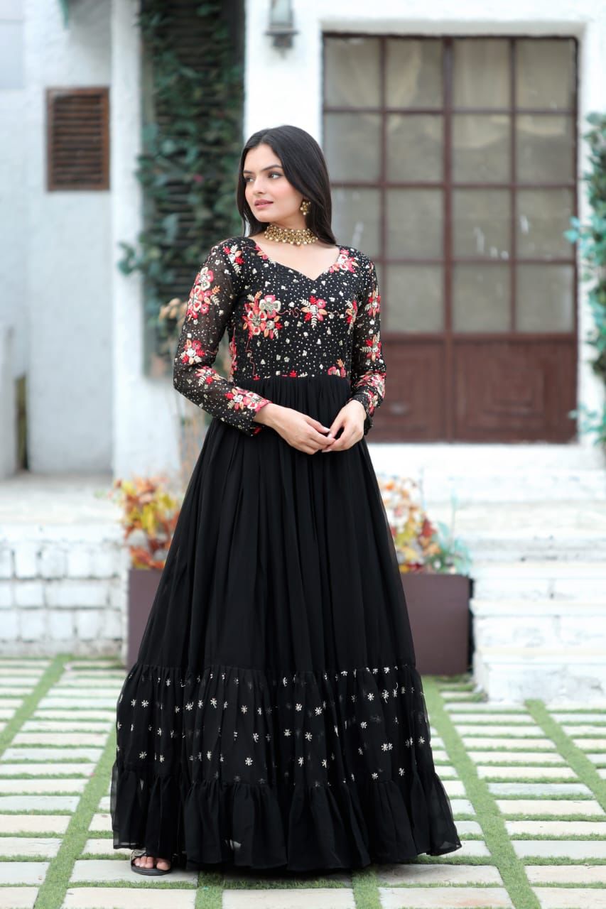 Radiant charisma embroidered sequin adorned double frill gown
