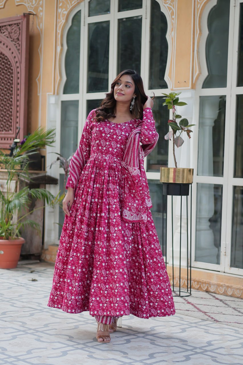 Pink cotton Mahi designer Anarkali suit with dupatta