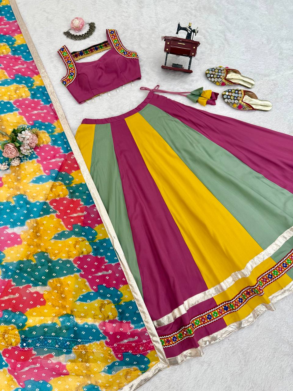 Multicolor rayon Gamthi thread mirror work Navratri lehenga choli with dupatta