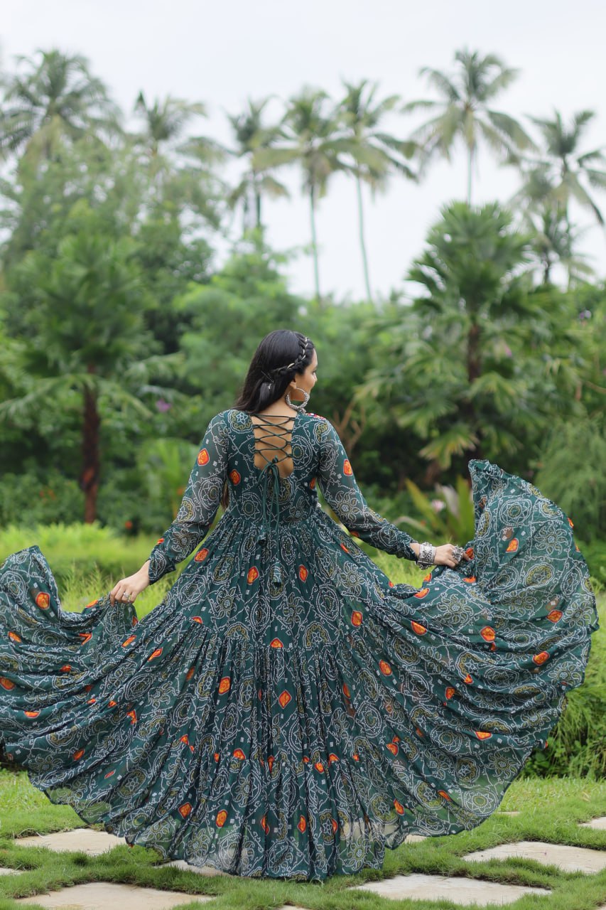 Dhruvi green georgette bandhani printed Navratri gown