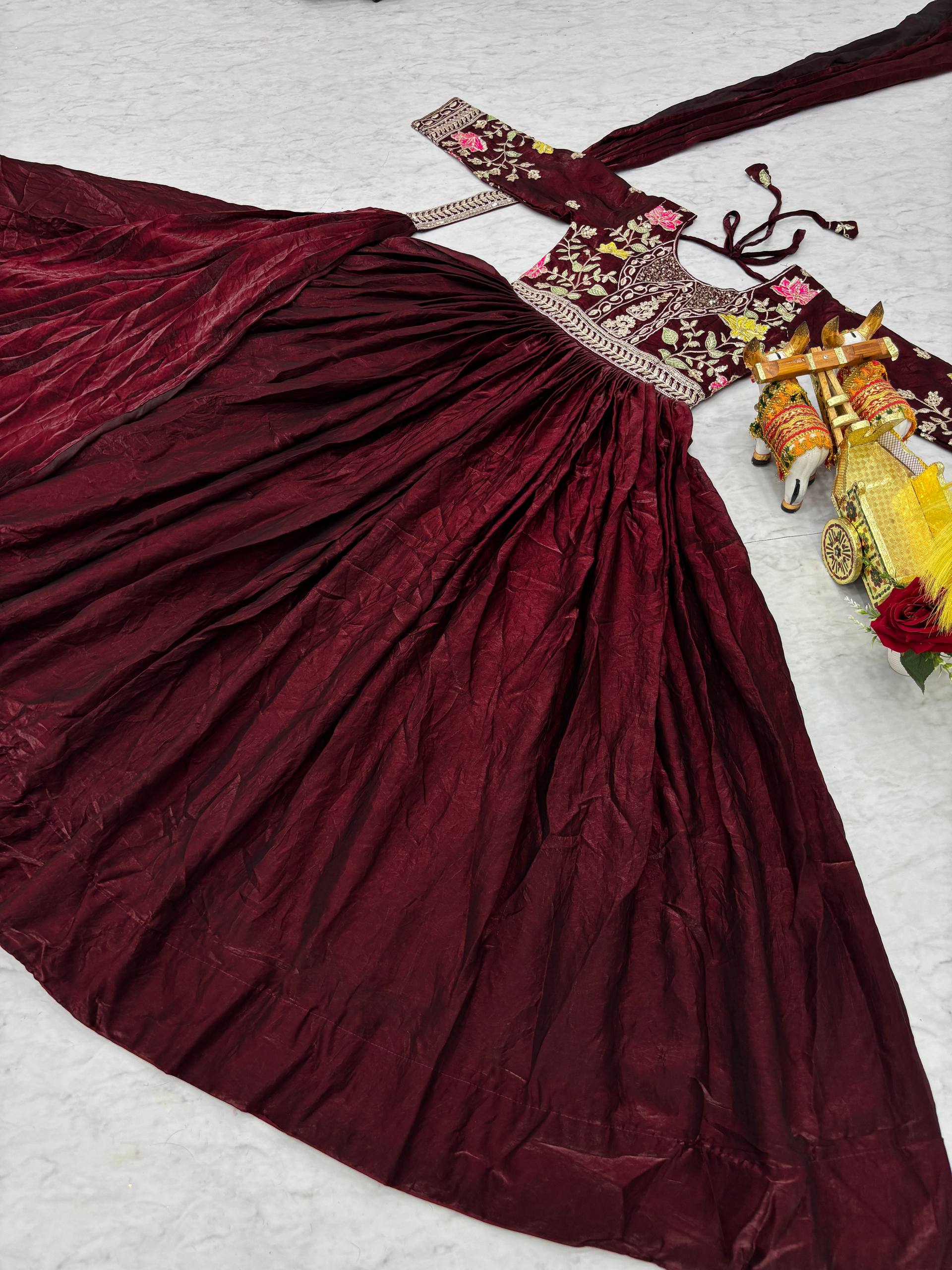 Dipa wine Fendy silk gown with embroidery sequins thread work and dupatta