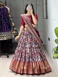 Maroon Kalamkari soft dola silk half saree lehenga with embroidered dupatta