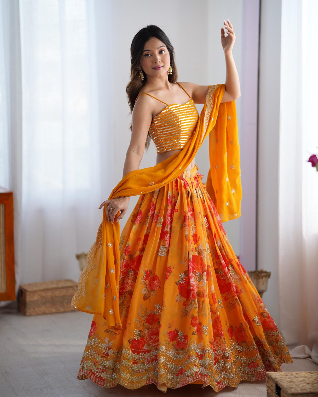 Yellow lehenga choli for Haldi, embroidered georgette lehenga with jacket, digital print lehenga, wedding lehenga set, Trinaari festive wear.