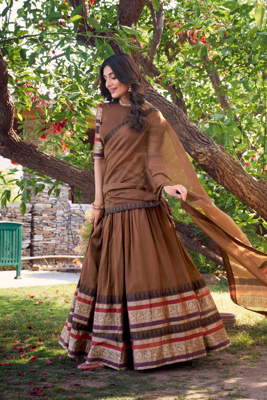 Brown pure Chanderi lehenga choli with zari weaving work and dupatta