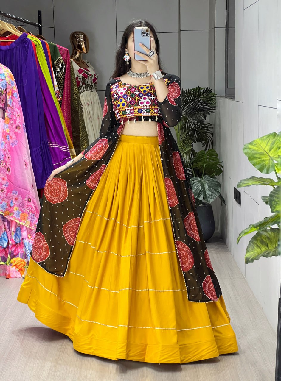 Mustard yellow rayon Bandhani print Gota Patti work faux georgette kurti lehenga