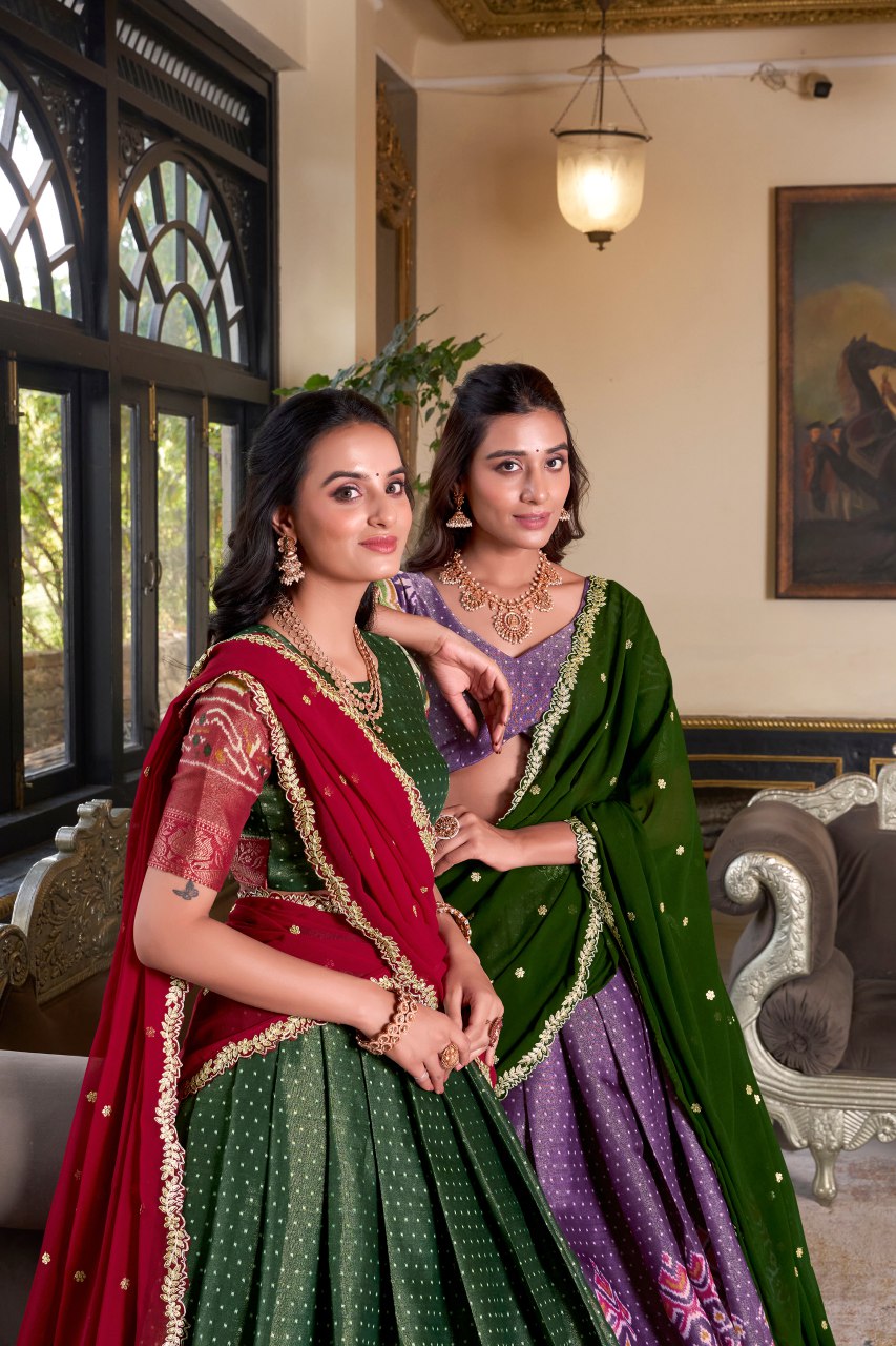 Green Kanchipuram silk lehenga choli with embroidered dupatta for wedding