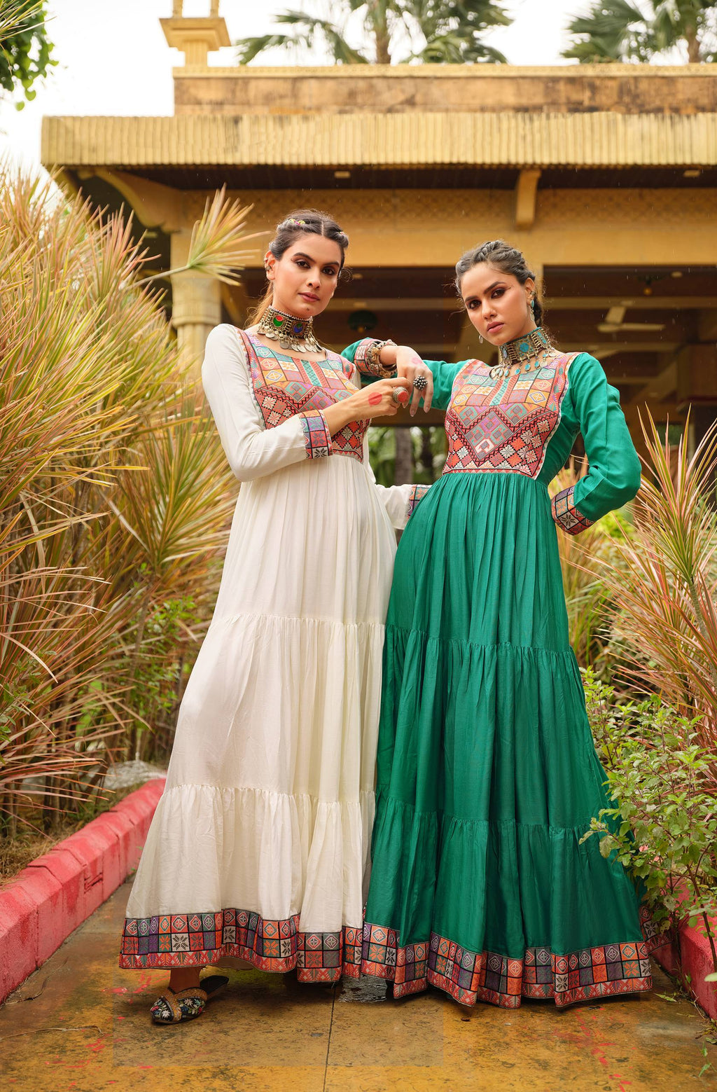 Emerald green pure rayon Gamthi jacquard weaving lace border ruffle flair gown