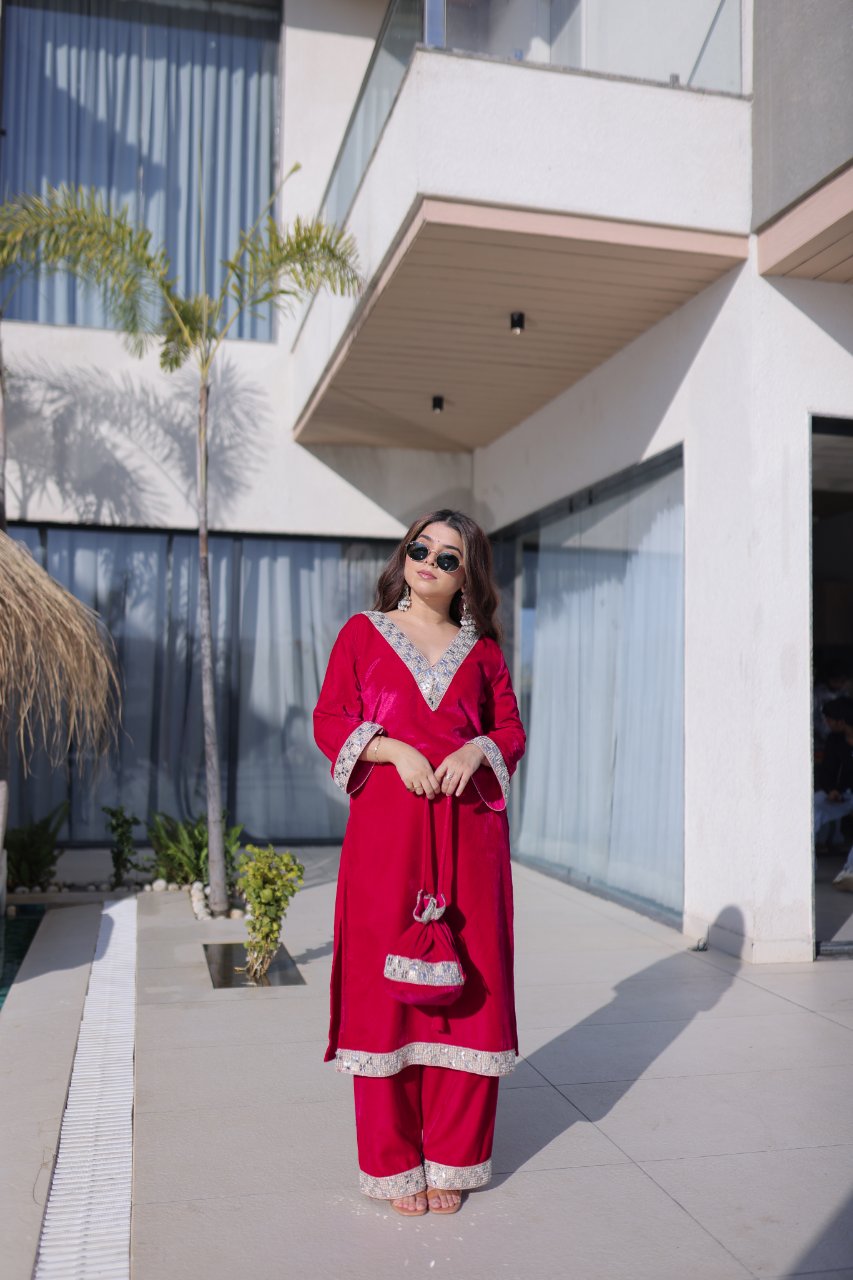 Elvya rani pink velvet kurti set with zari embroidered mirror work