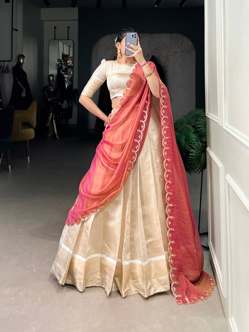 Golden jacquard chex lehenga choli with zari weaving and embroidered dupatta