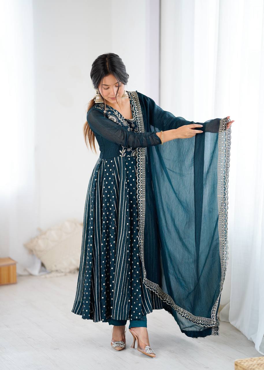 Teal green crunchy silk embroidered Anarkali suit set