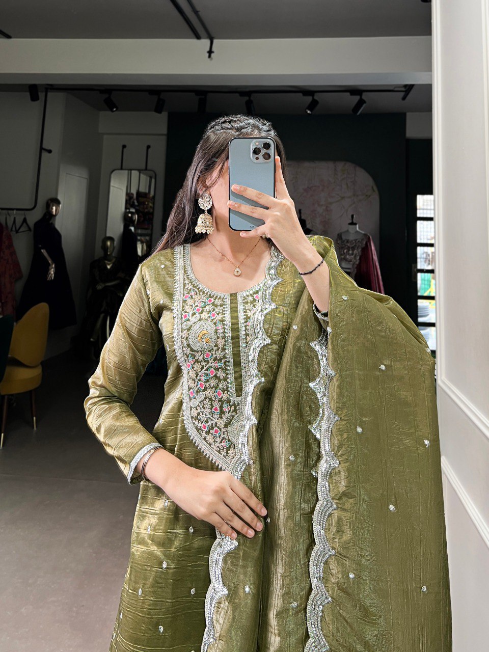 Green gold crush kurti set with dupatta for women, embroidered kurti palazzo set for festive wear, designer kurti set for Diwali and Karwa Chauth, traditional Indian outfit for weddings and sangeet, sequin embroidered kurti with pant and dupatta, party wear ethnic suit for women, gold crush kurti dupatta combo, latest kurti sets for festivals and special occasions.