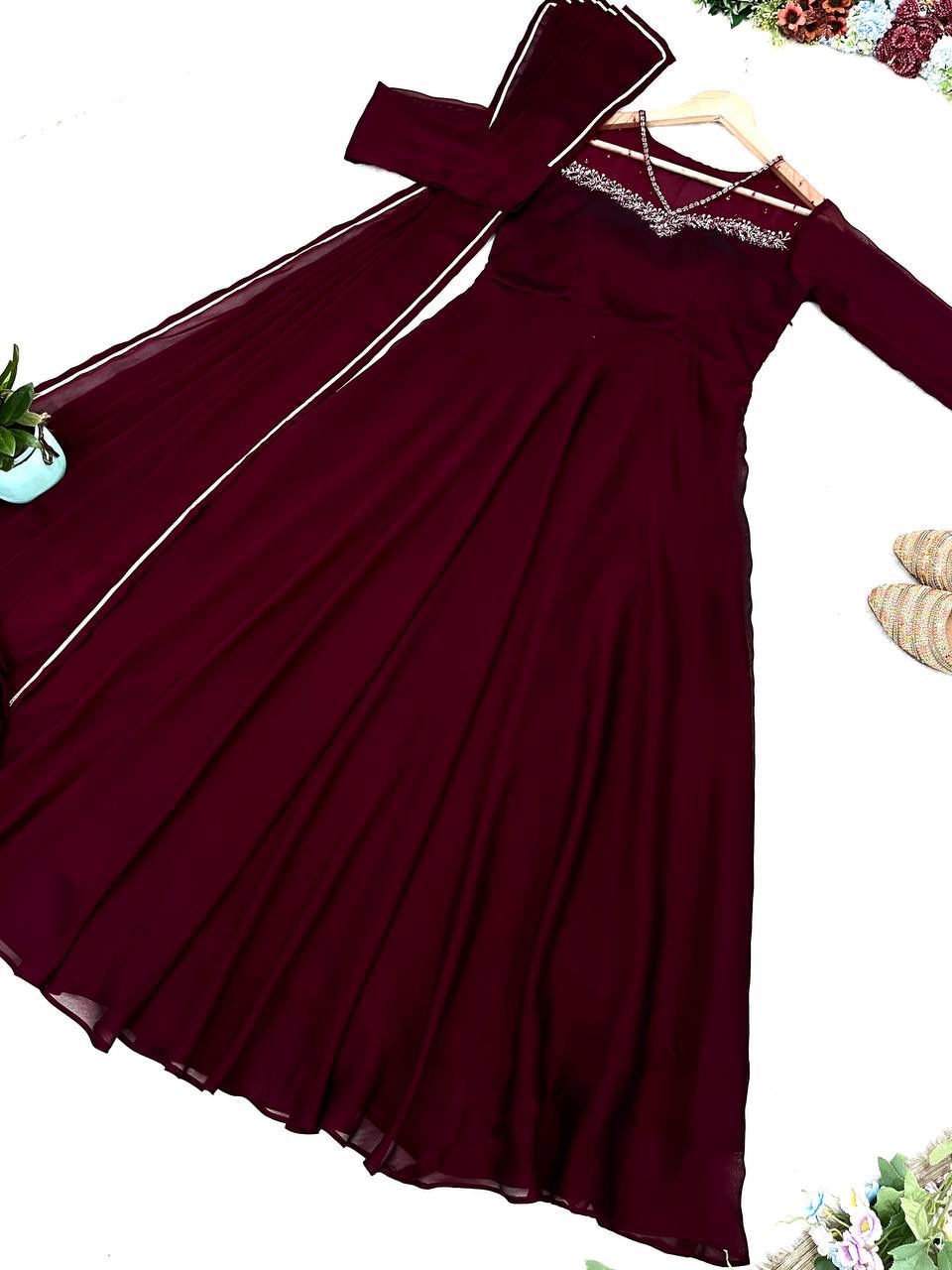Wine georgette embroidered Manha designer Anarkali gown