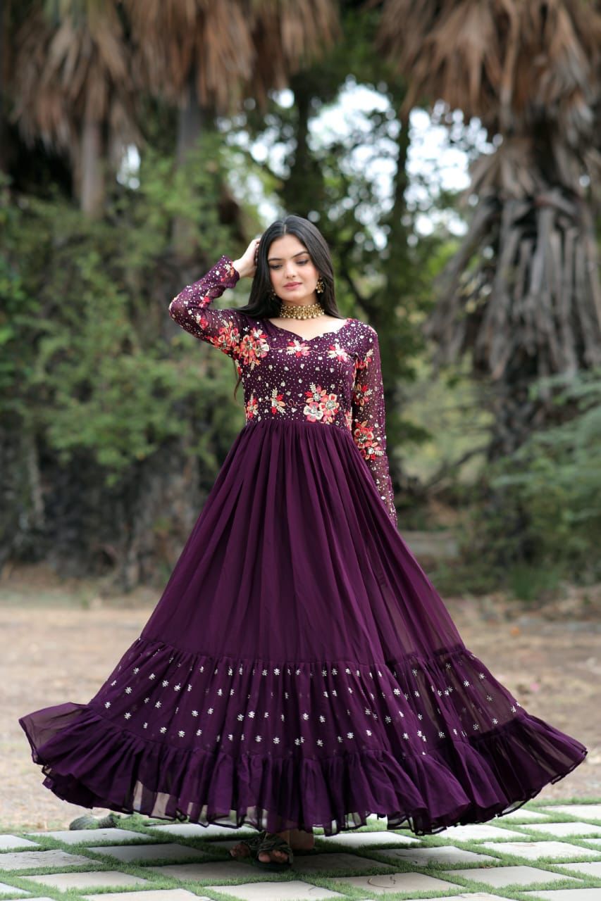 Radiant charisma embroidered sequin adorned double frill gown