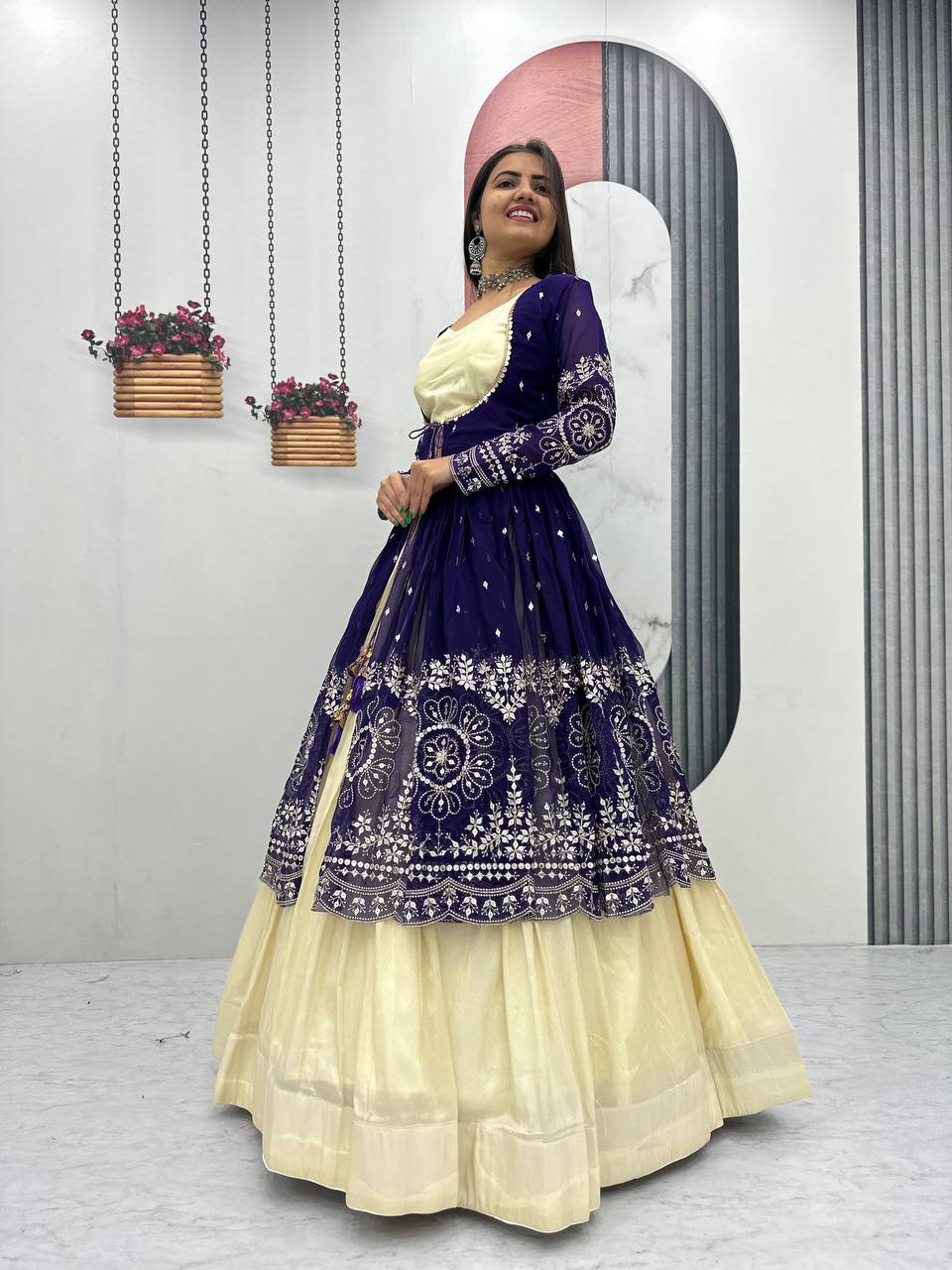 Tulika navy blue Cosmos silk lehenga choli with heavy thread and sequins work with shrug