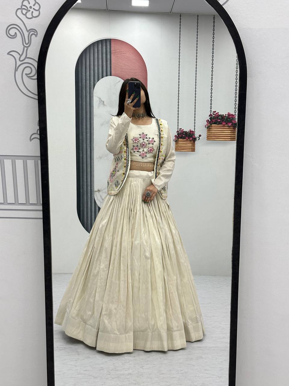 Off white tissue shimmer lehenga choli with handwork real diamond work and jacket