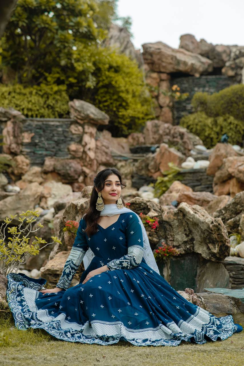 Blue georgette embroidered Nivriti designer Anarkali suit