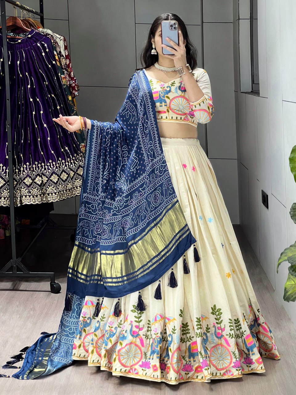 Off-white cotton embroidered lehenga with navy blue Gaji silk dupatta