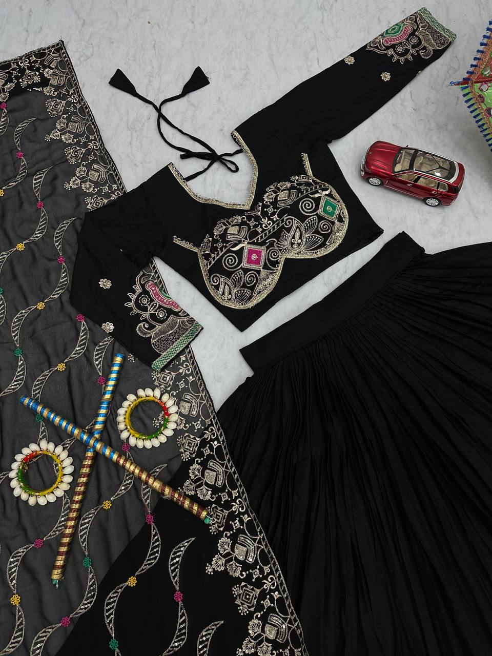 Black pure cotton embroidered sequins work lehenga choli