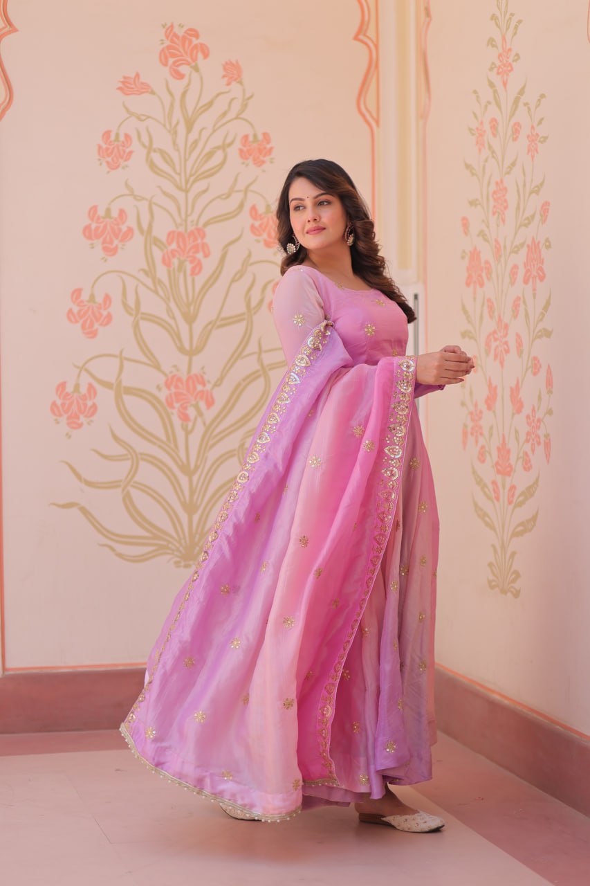 Pink organza flair gown with sequins zari embroidery and dupatta