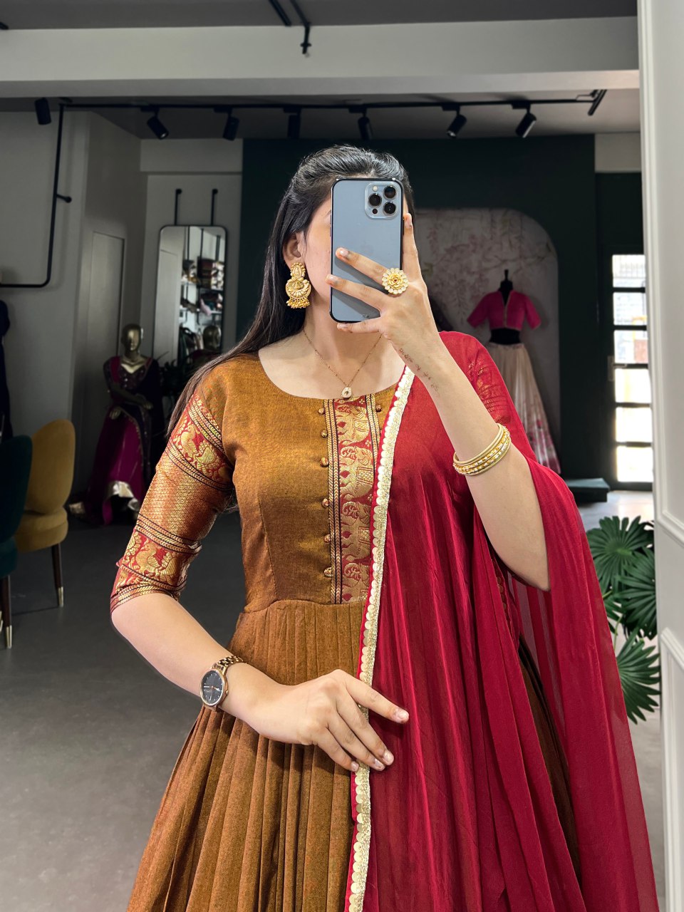 Rust brown cotton Anarkali gown with dupatta, Zari woven ethnic dress, stitched festive gown for women, lightweight party wear, Trinaari premium wear.