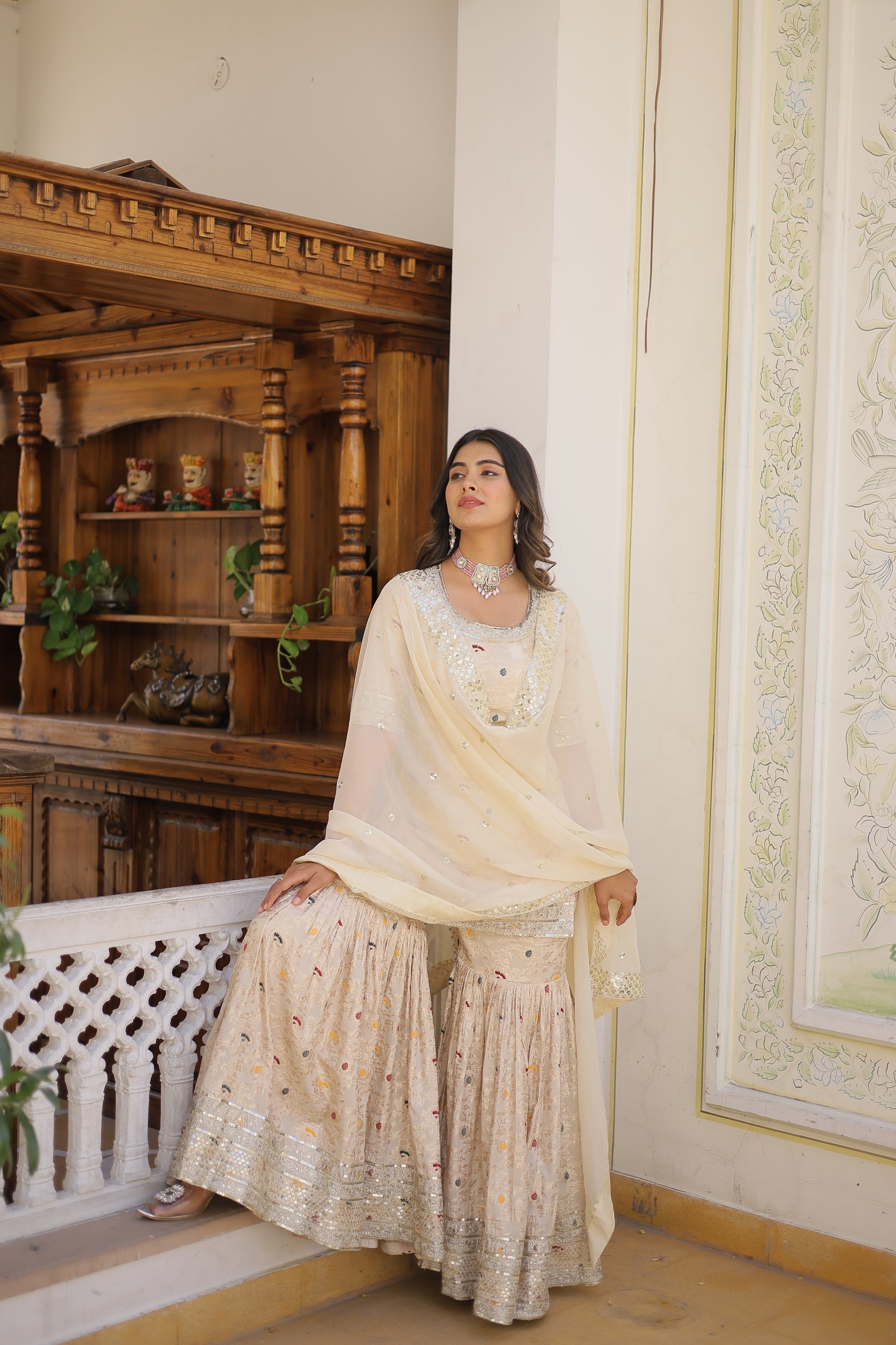 Krishnapriya off white viscose embroidered kurti gharara set
